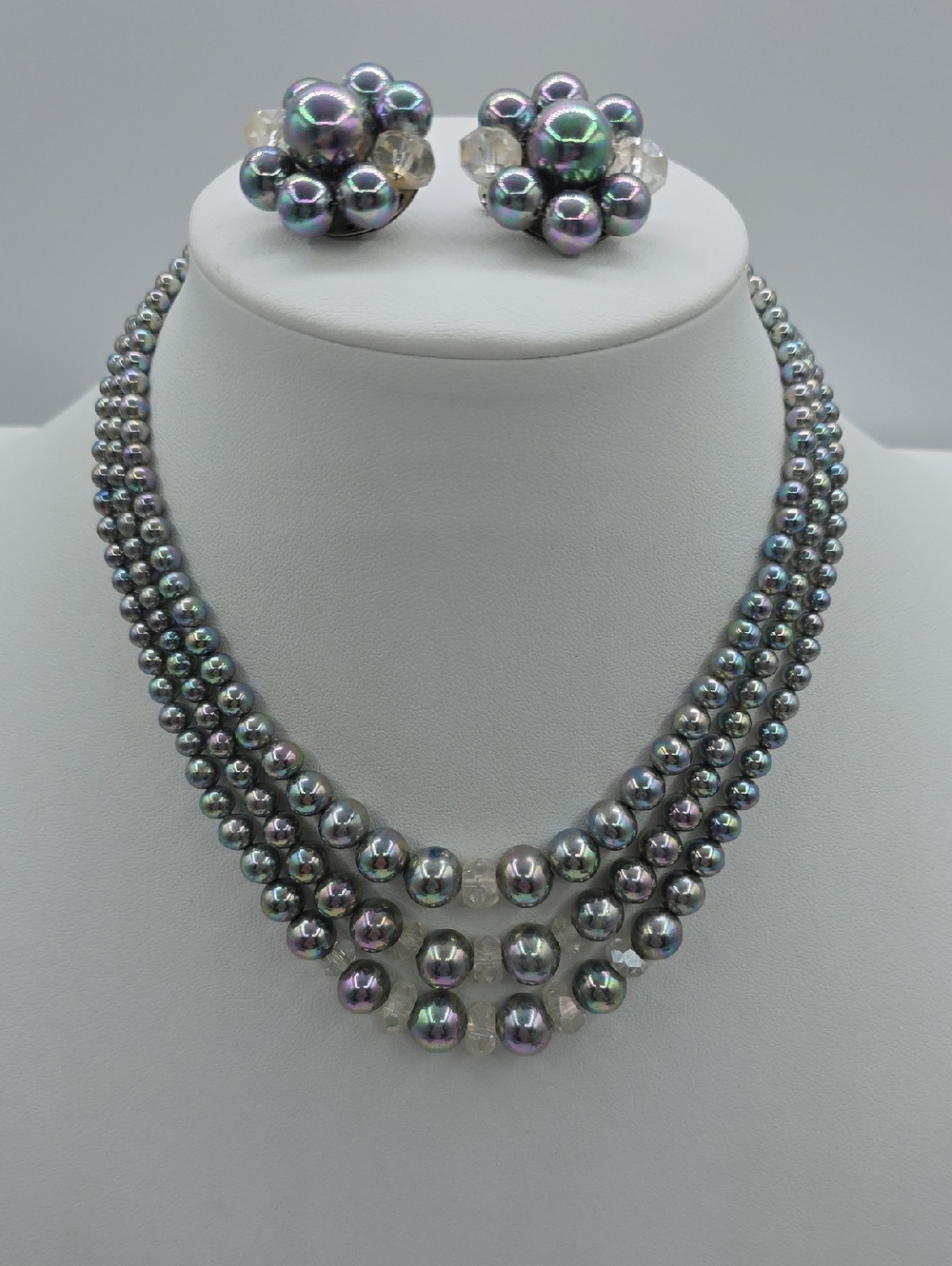 Vintage Iridescent Gray Tri-Strand Pearl Necklace with Matching Clip-On Earrings